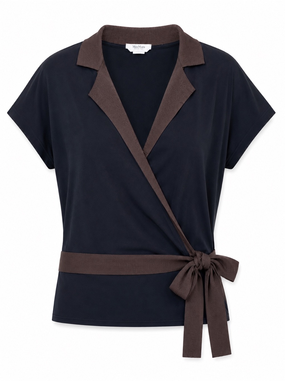 MaxMara Black Short Sleeve Draped Tunic with Brown Trim